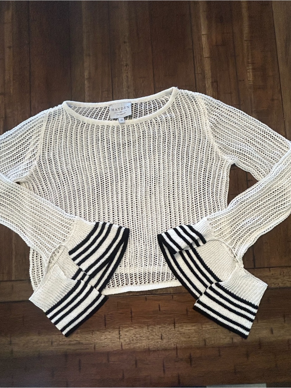 Hayden Los Angeles Sweater Women’s Large Ivory Open Knit Cropped Bell Sleeve
